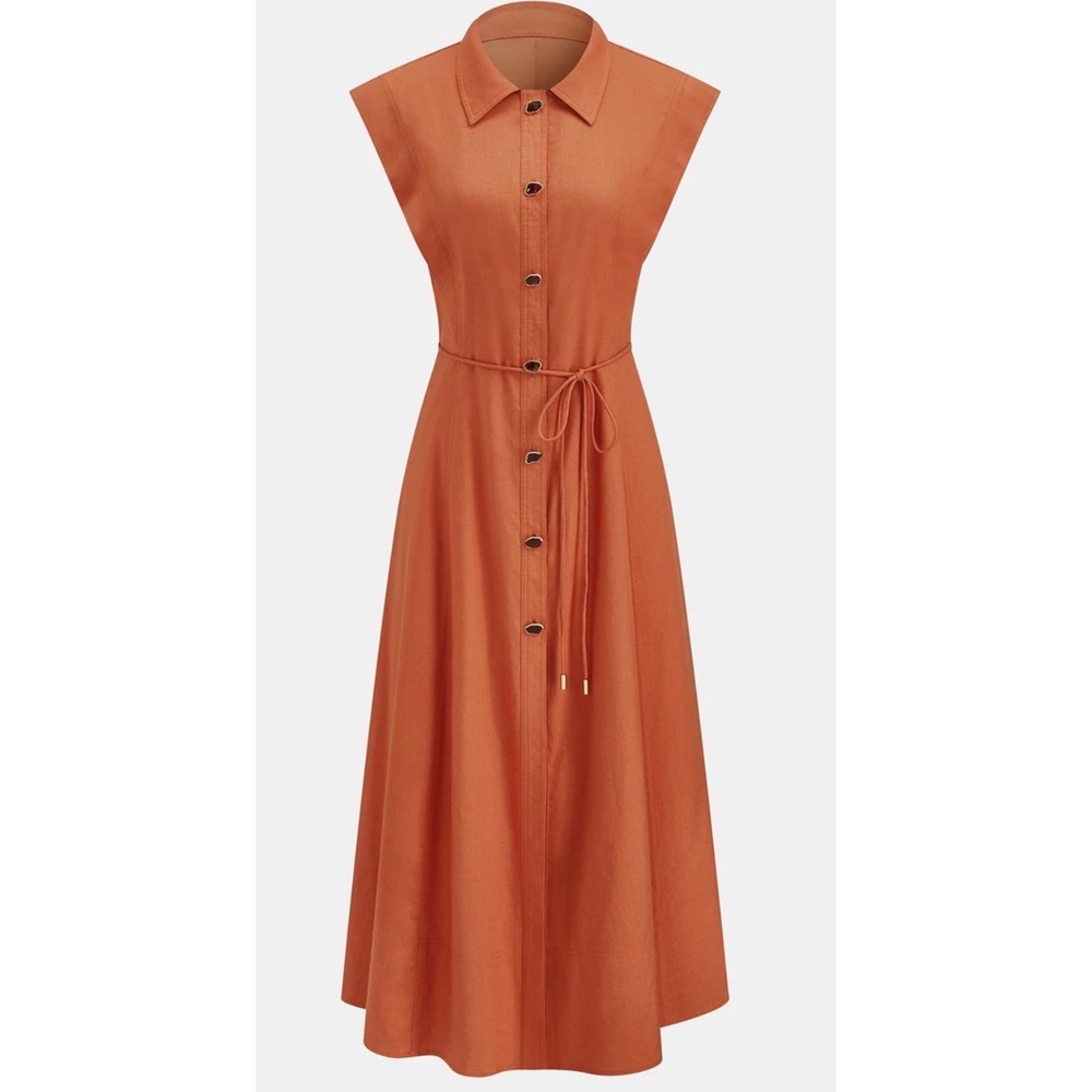 Commense Orange Linen Blend Sleeveless Button Down Midi Shirt Dress Size M NWT